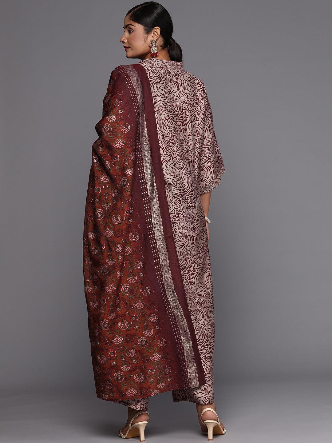 Maroon Printed Silk Blend Straight Kurta With Trousers & Dupatta - Libas 