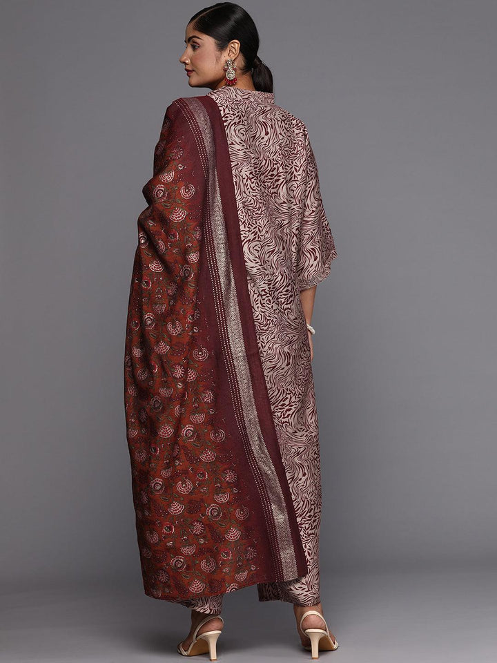 Maroon Printed Silk Blend Straight Kurta With Trousers & Dupatta - Libas