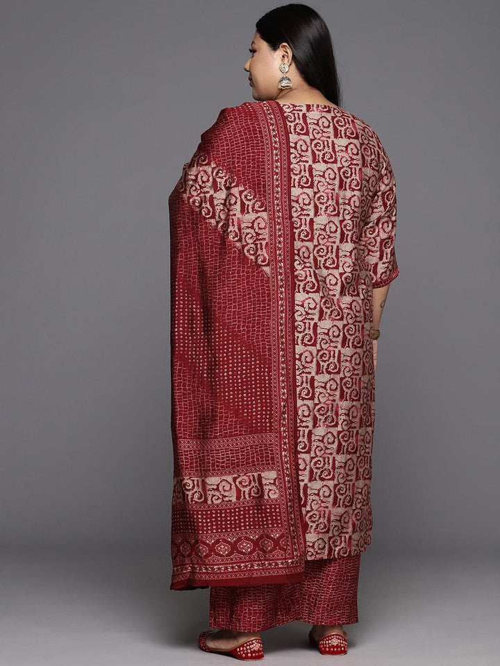 Maroon Printed Silk Blend Straight Kurta With Trousers & Dupatta - Libas