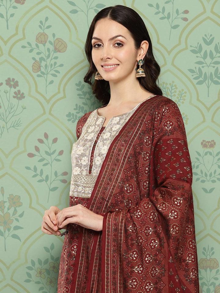 Maroon Printed Silk Blend Straight Kurta With Trousers & Dupatta - Libas