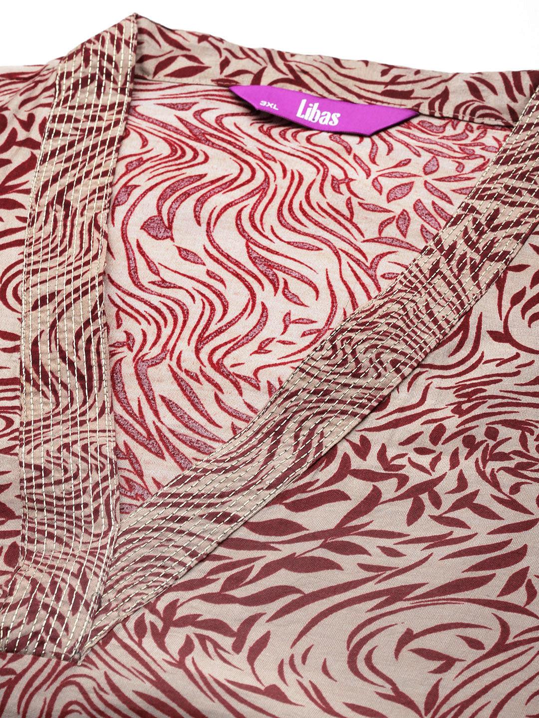 Maroon Printed Silk Blend Straight Kurta With Trousers & Dupatta - Libas 