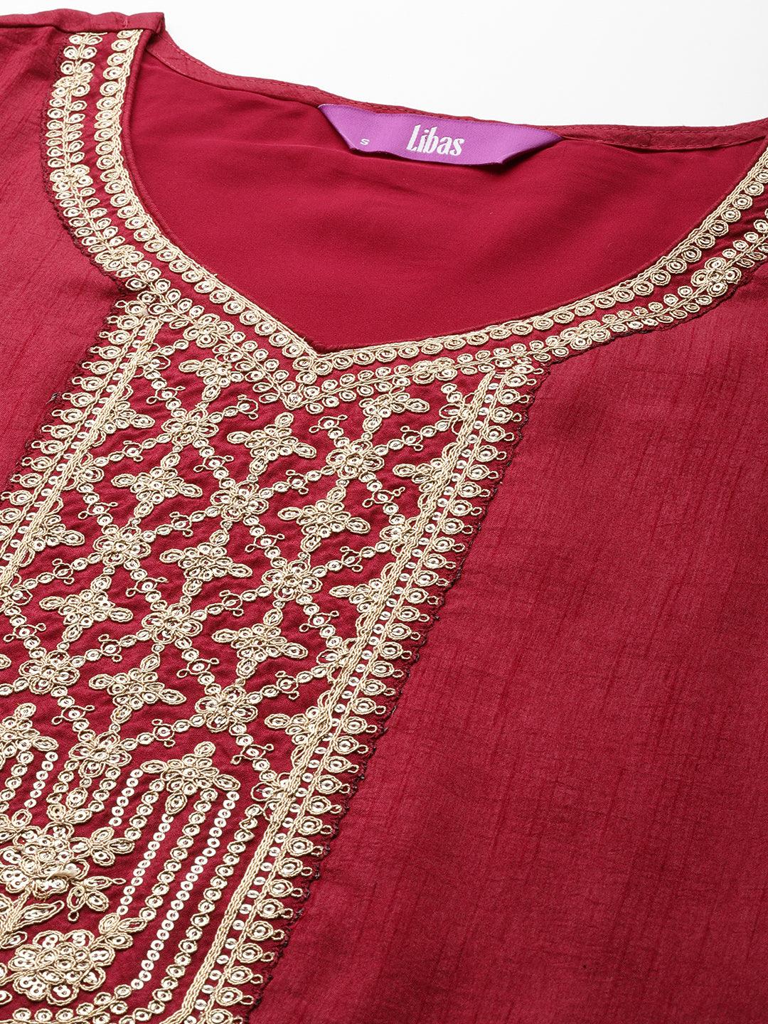 Maroon Printed Silk Blend Straight Kurta With Trousers & Dupatta - Libas