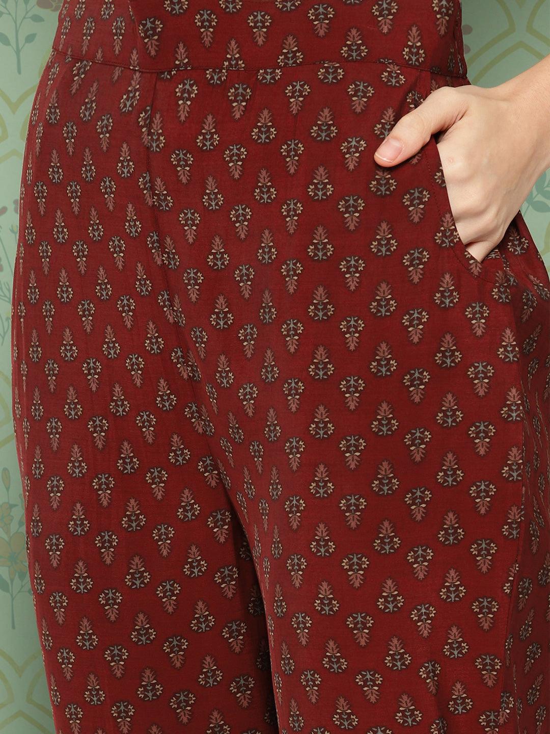 Maroon Printed Silk Blend Straight Kurta With Trousers & Dupatta - Libas