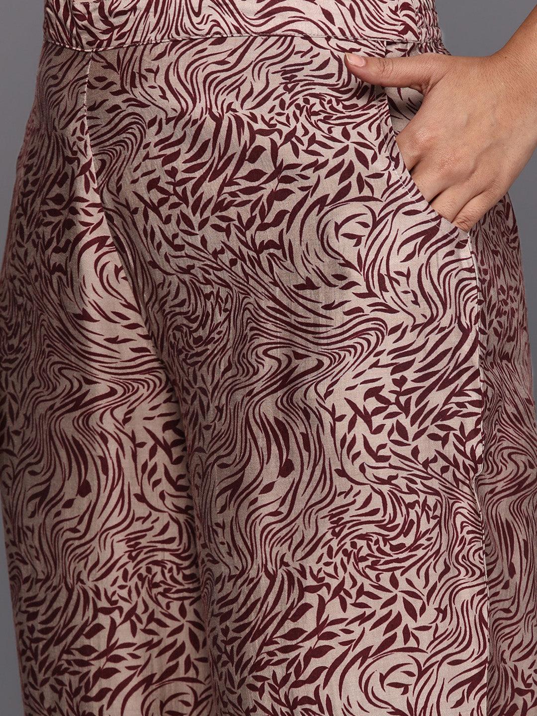 Maroon Printed Silk Blend Straight Kurta With Trousers & Dupatta - Libas