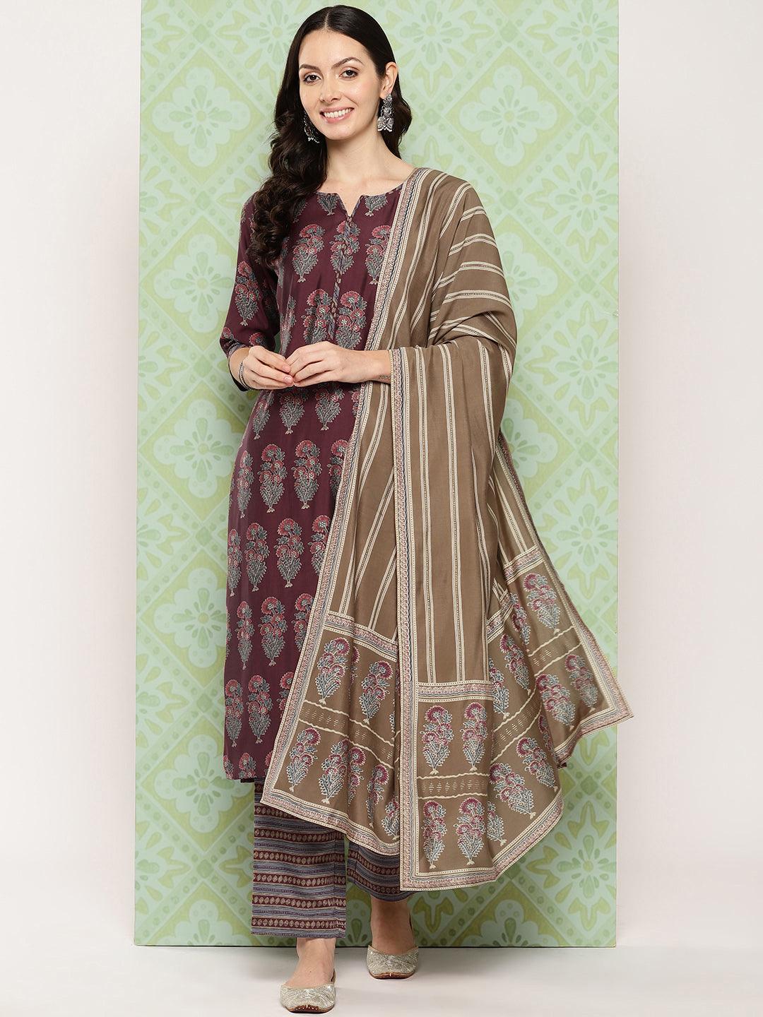 Maroon Printed Silk Blend Straight Suit With Dupatta