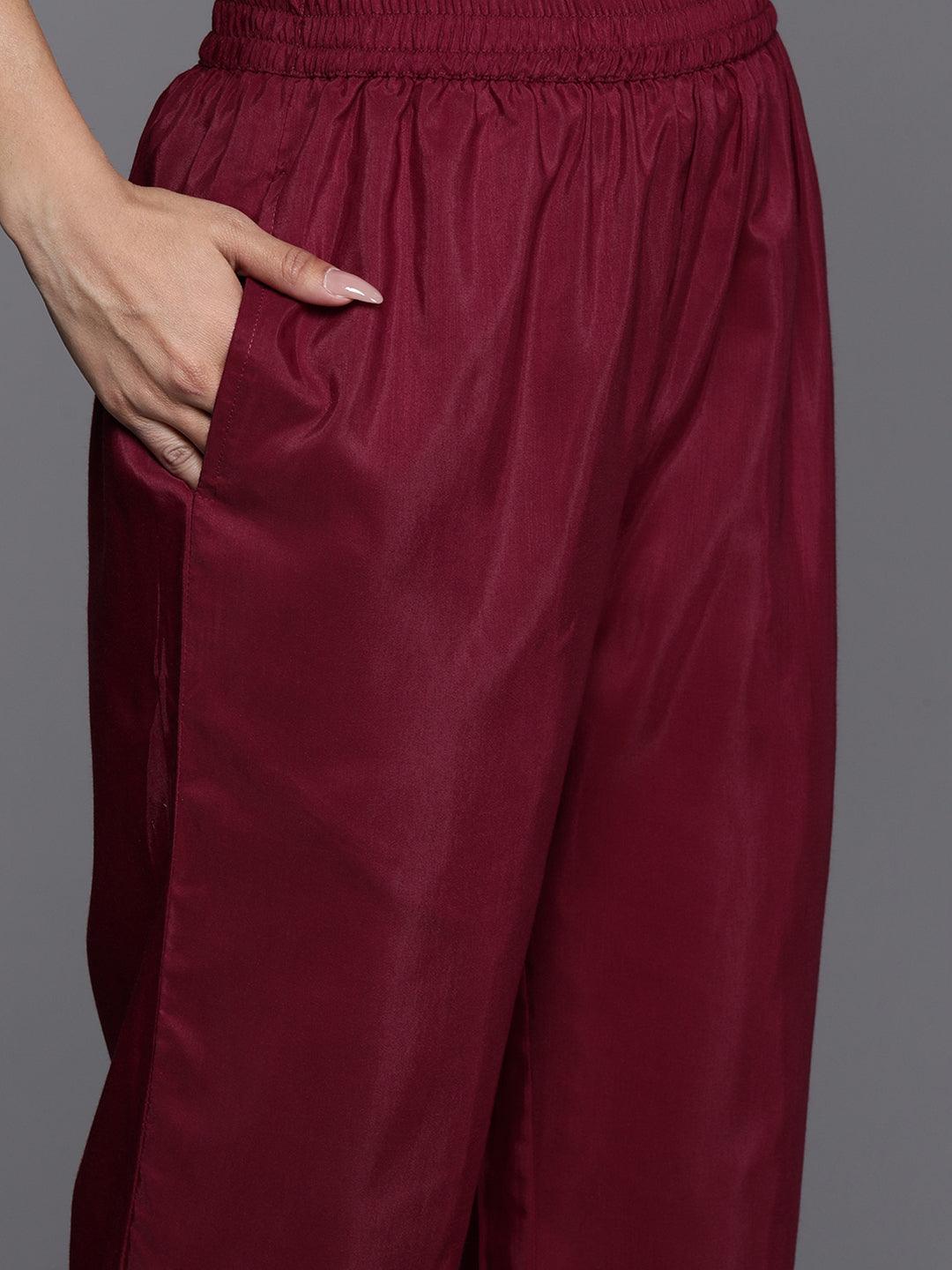 Maroon Printed Silk Blend Straight Kurta With Trousers & Dupatta - Libas