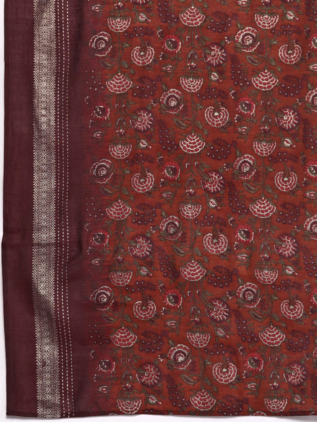 Maroon Printed Silk Blend Straight Kurta With Trousers & Dupatta - Libas