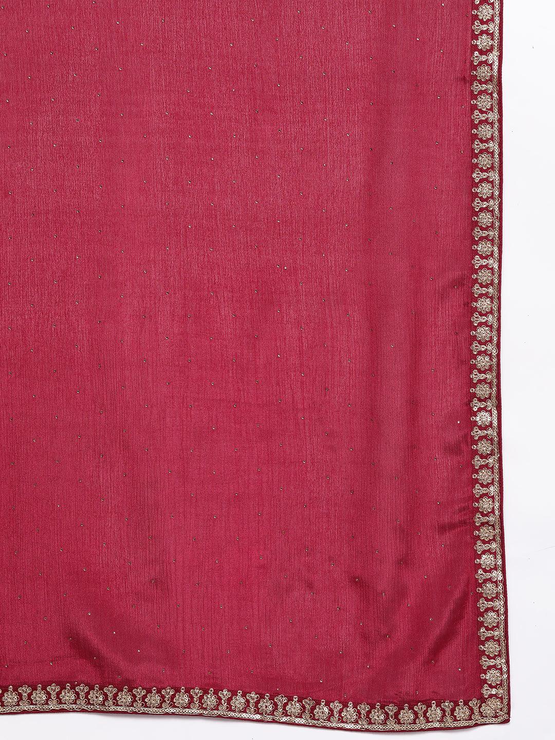 Maroon Printed Silk Blend Straight Kurta With Trousers & Dupatta - Libas