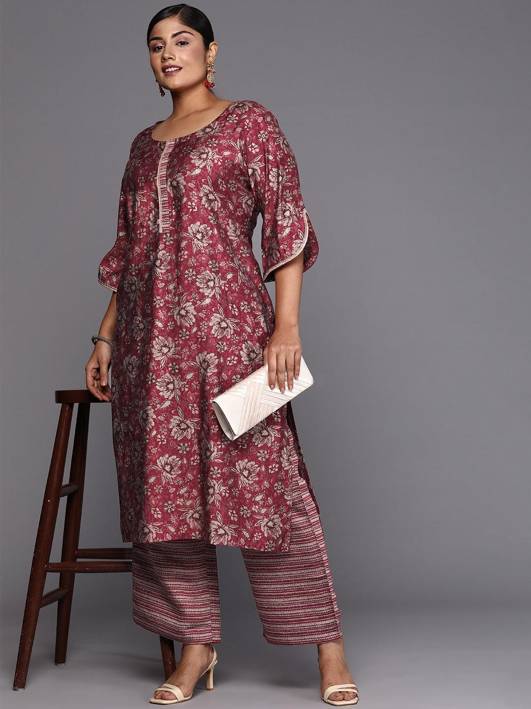 Maroon Printed Silk Blend Straight Kurta With Trousers & Dupatta - Libas