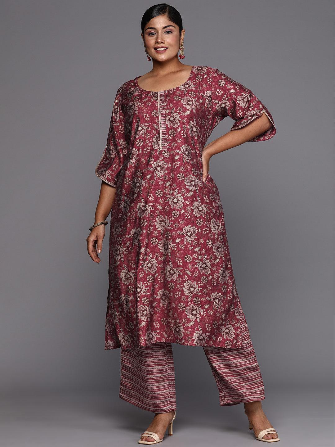 Maroon Printed Silk Blend Straight Kurta With Trousers & Dupatta - Libas