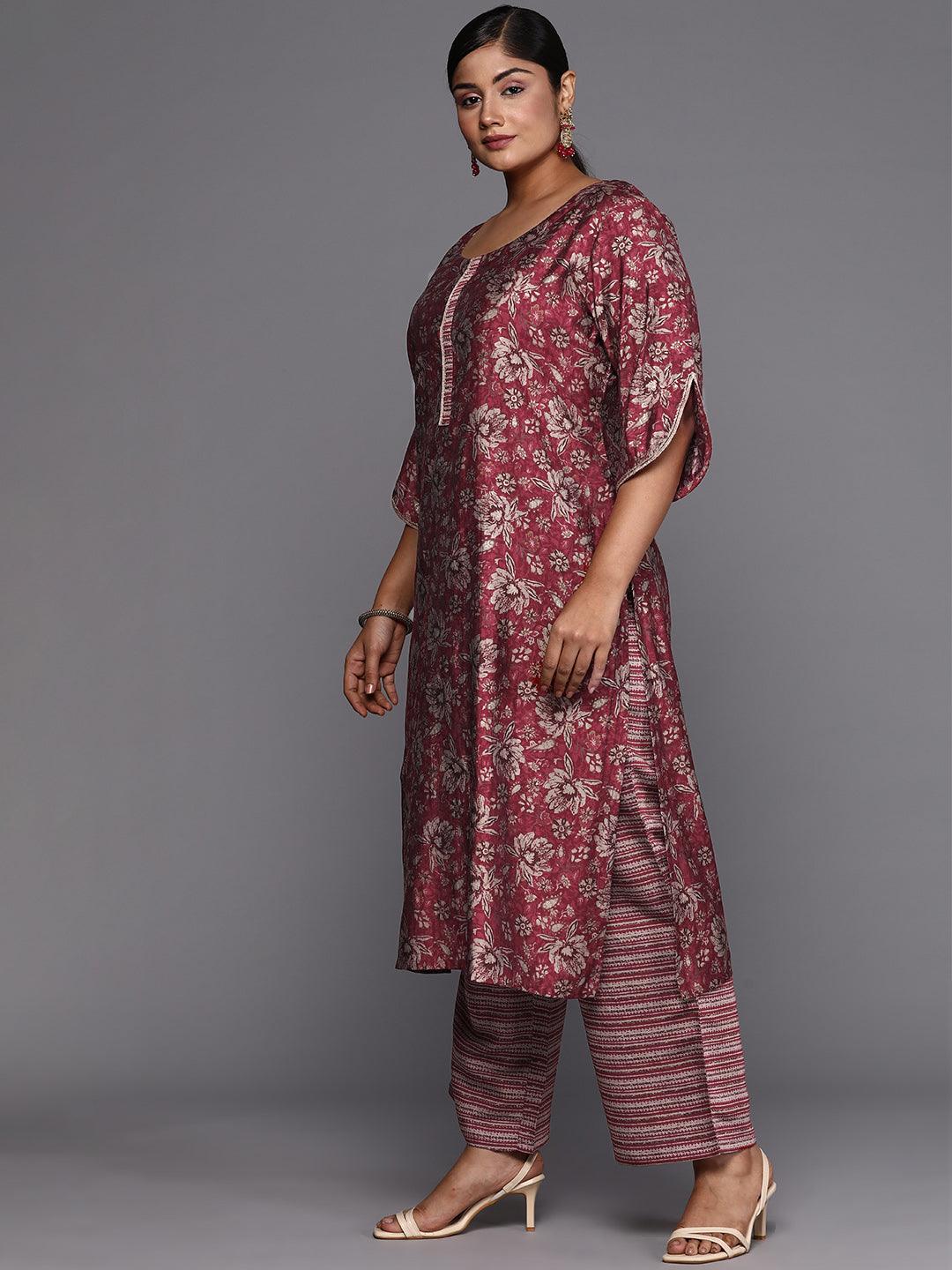 Maroon Printed Silk Blend Straight Kurta With Trousers & Dupatta - Libas