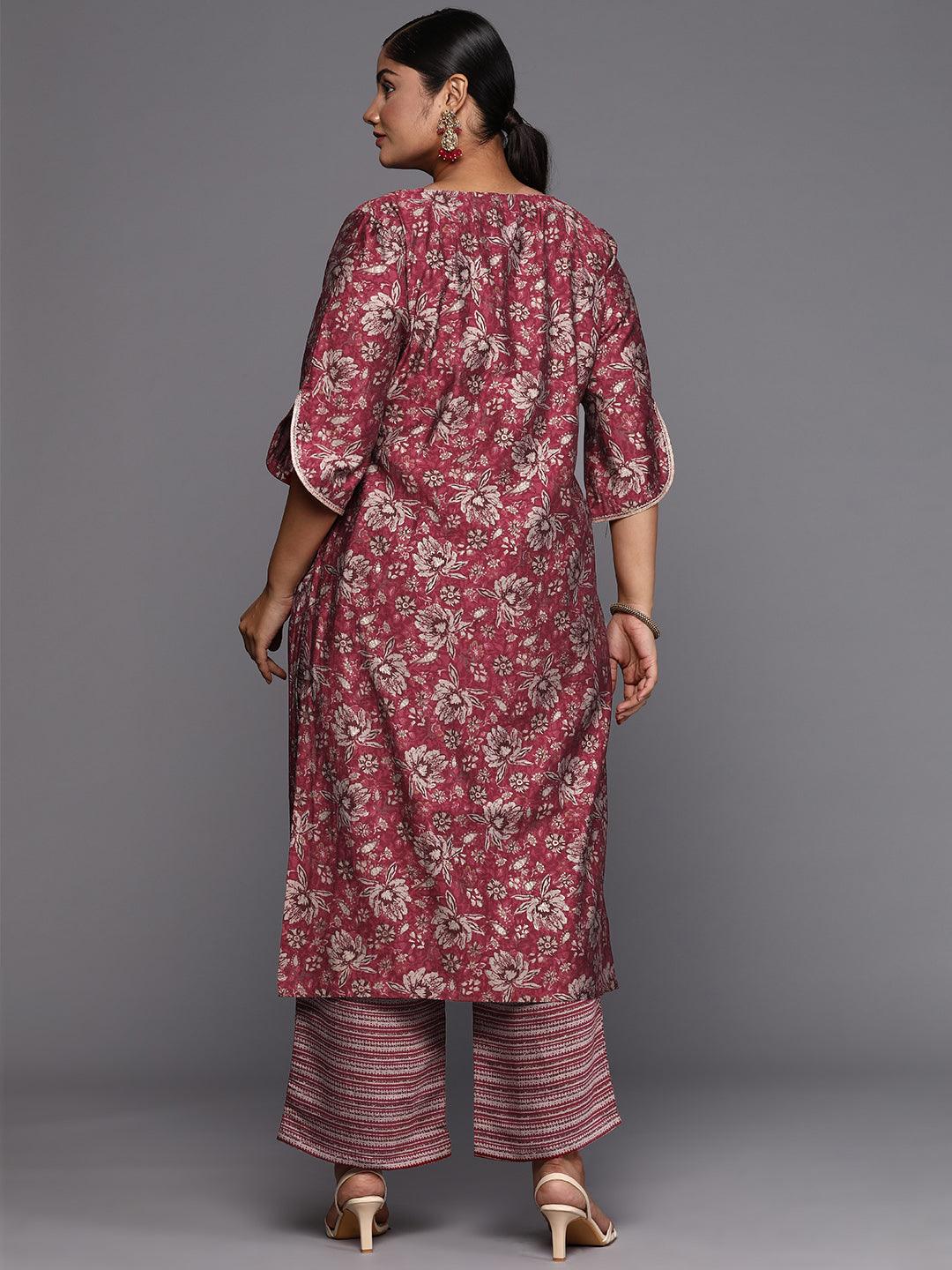 Maroon Printed Silk Blend Straight Kurta With Trousers & Dupatta - Libas