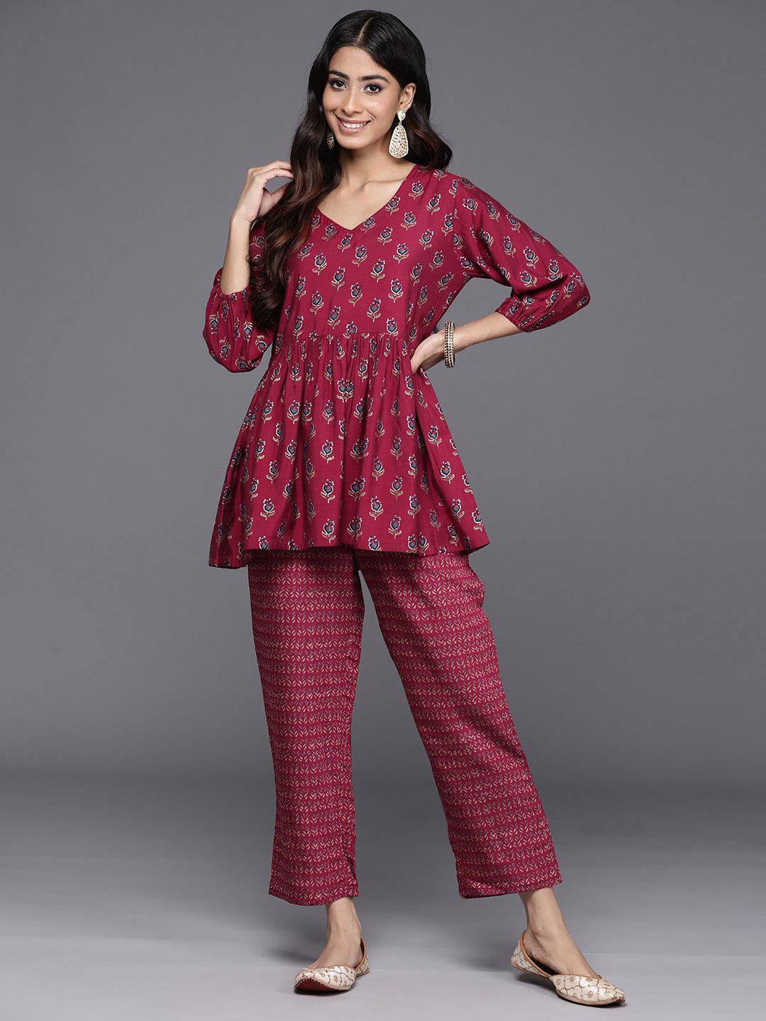 Maroon Printed Silk Blend Top With Trousers - Libas