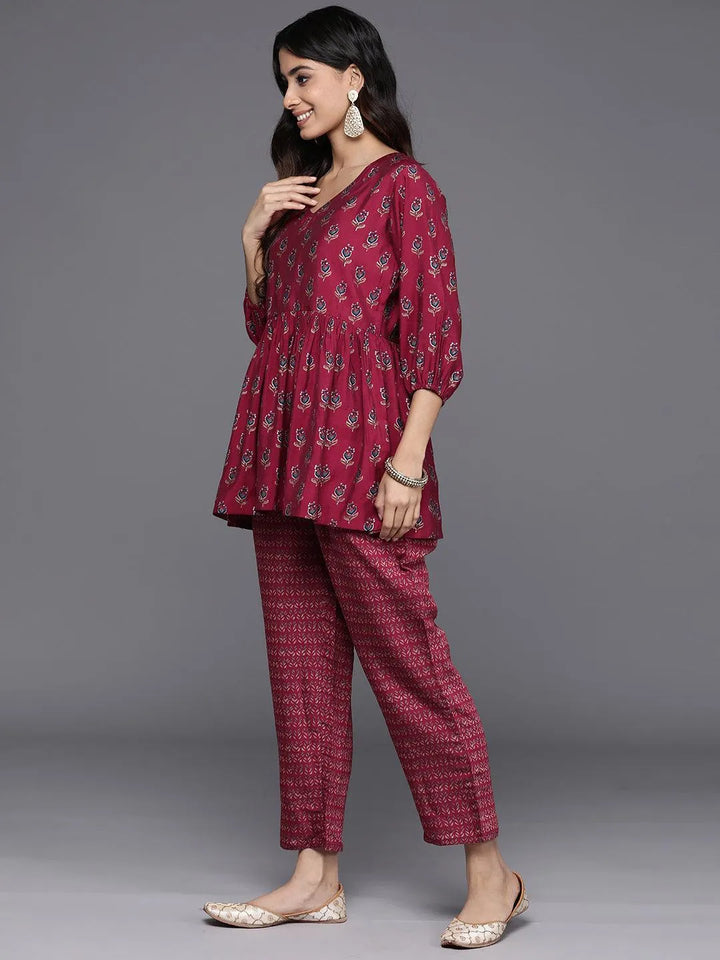 Maroon Printed Silk Blend Top With Trousers - Libas