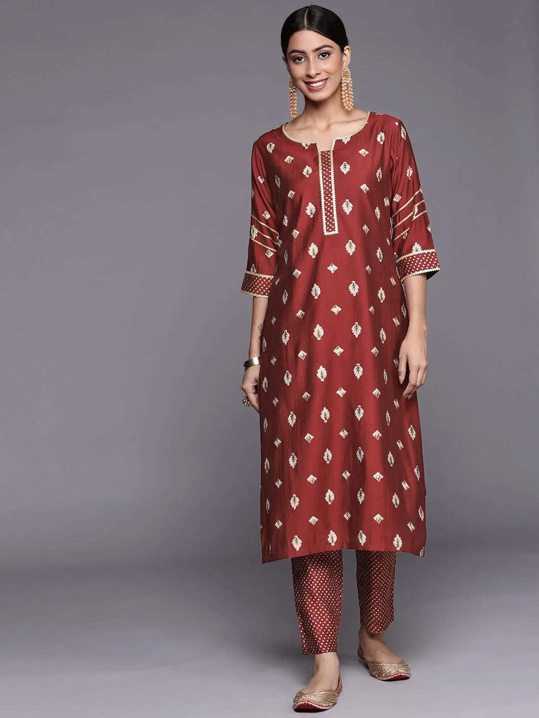 Maroon Printed Silk Straight Kurta - Libas 