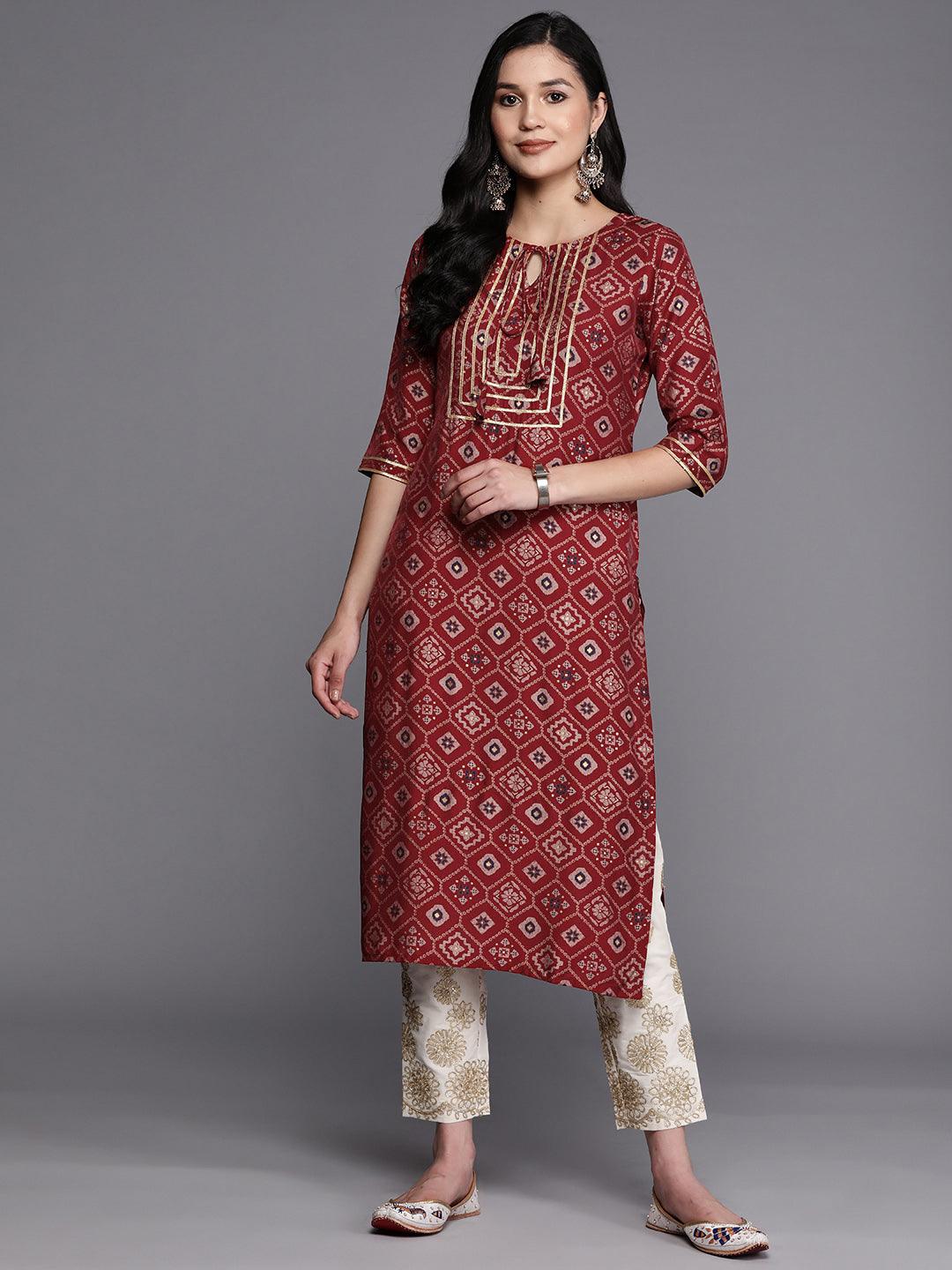 Maroon Printed Silk Straight Kurta - Libas