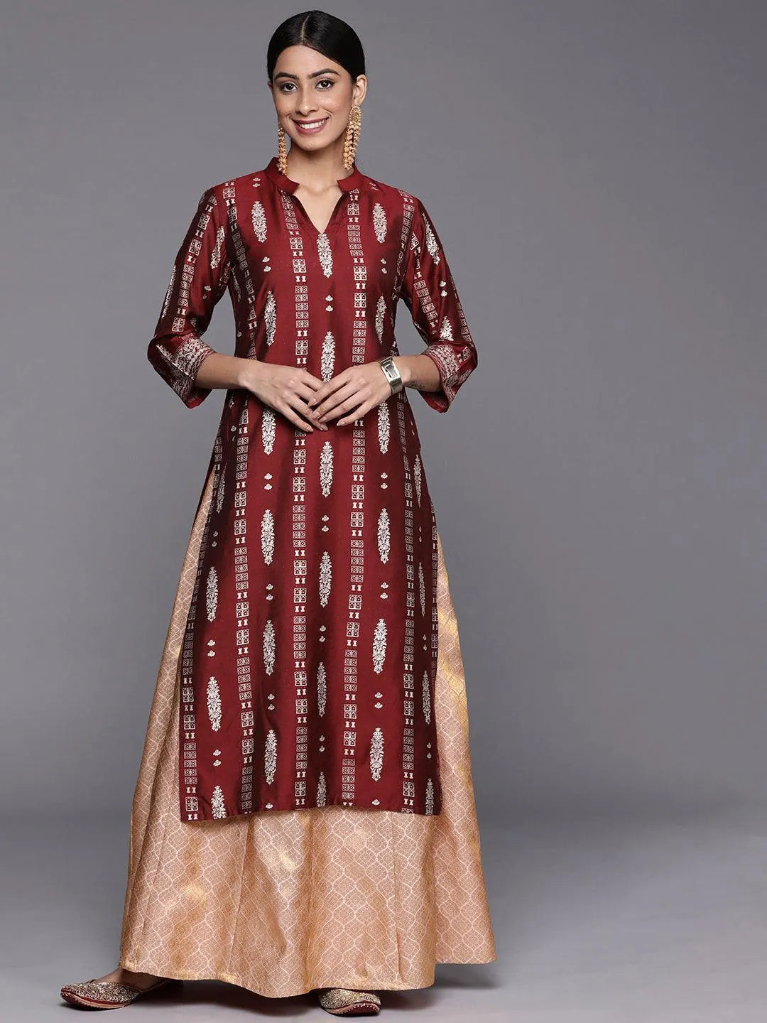 Maroon Printed Silk Straight Kurta