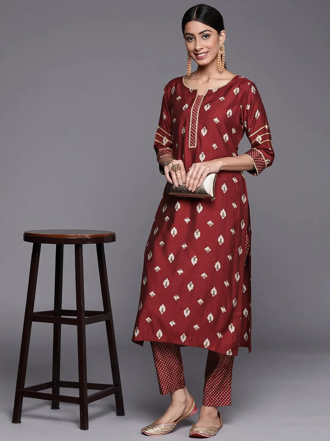 Maroon Printed Silk Straight Kurta - Libas 