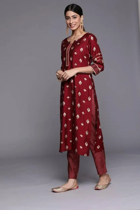 Maroon Printed Silk Straight Kurta - Libas 