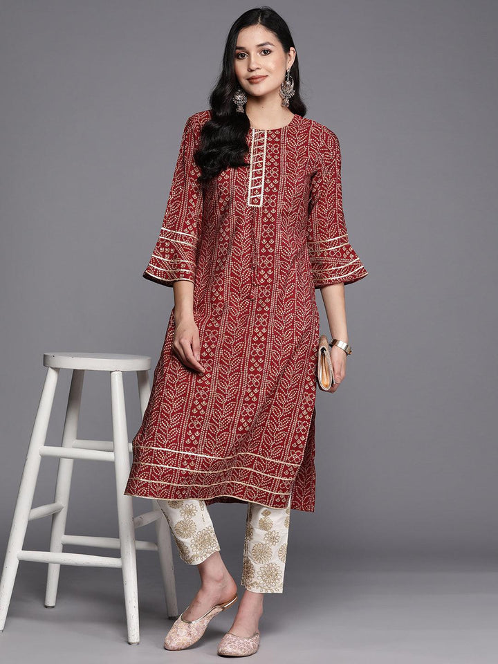 Maroon Printed Silk Straight Kurta - Libas