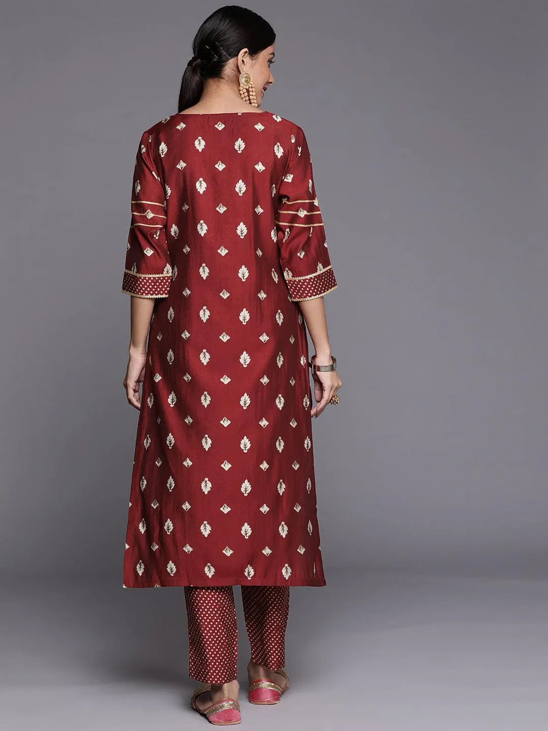 Maroon Printed Silk Straight Kurta - Libas 