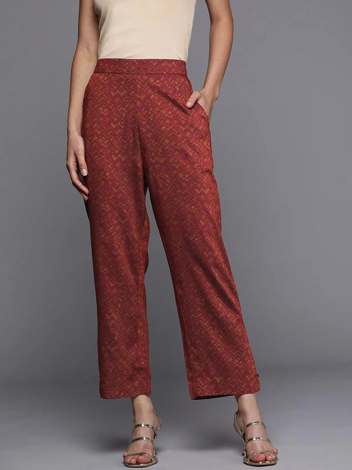 Maroon Printed Silk Trousers - Libas