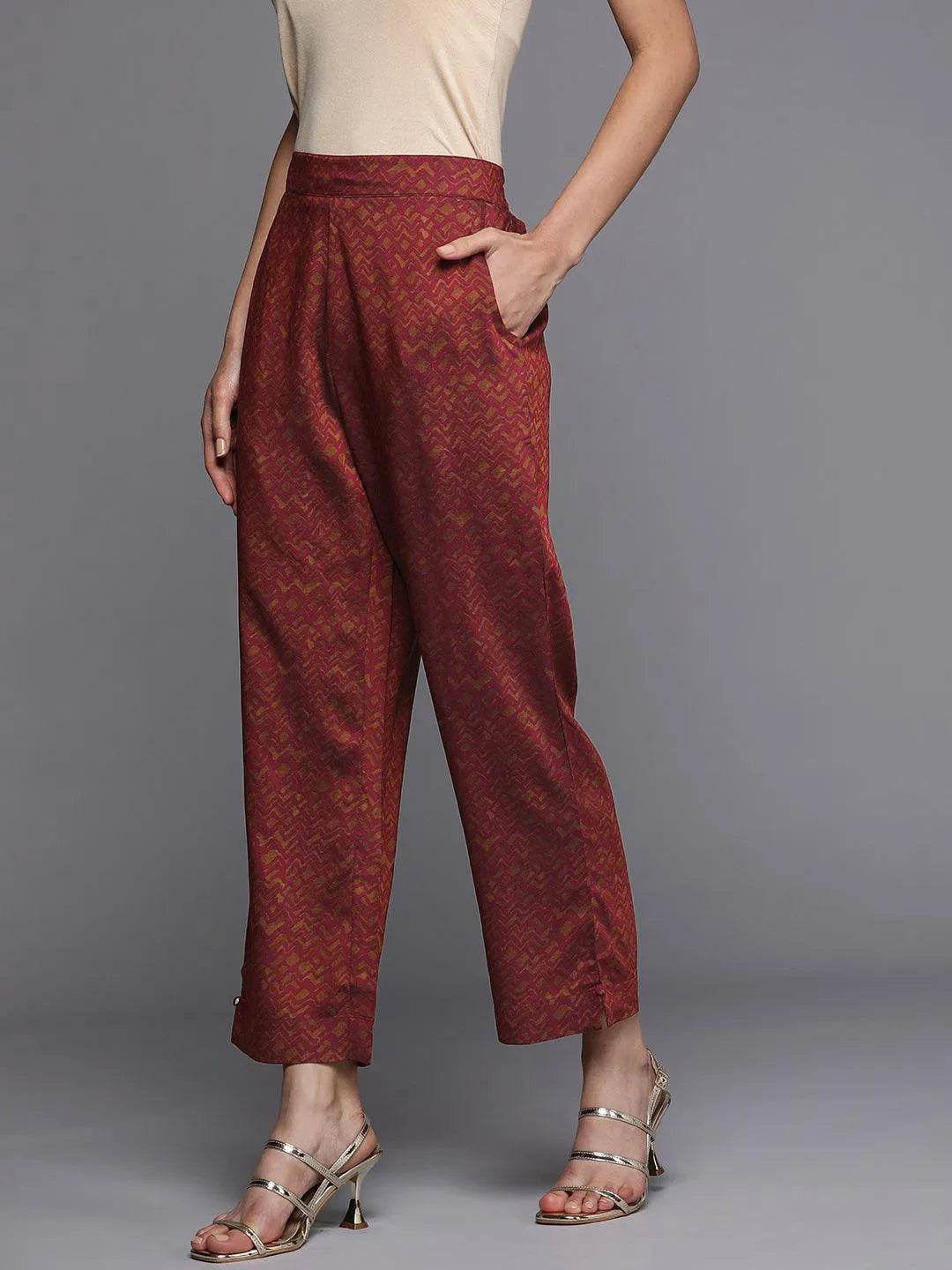 Maroon Printed Silk Trousers - Libas