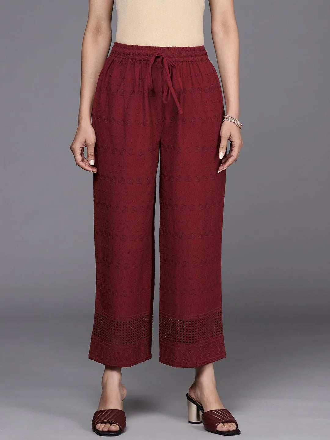 Maroon Self Design Cotton Palazzos - Libas