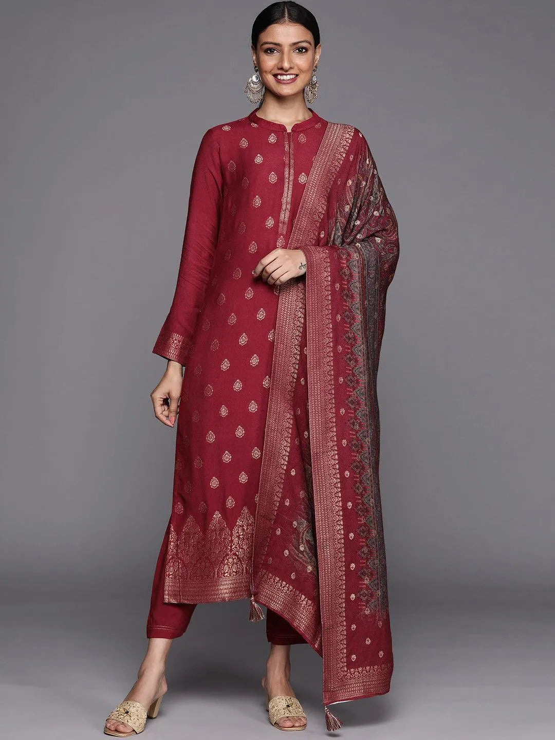 Maroon Self Design Pashmina Wool Straight Suit Set - Libas