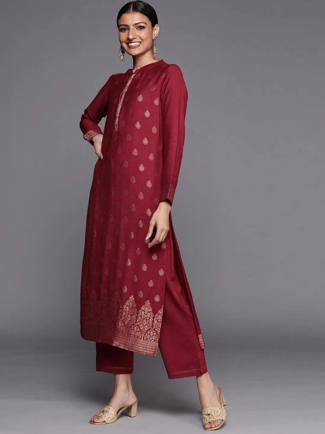 Maroon Self Design Pashmina Wool Straight Suit Set - Libas 