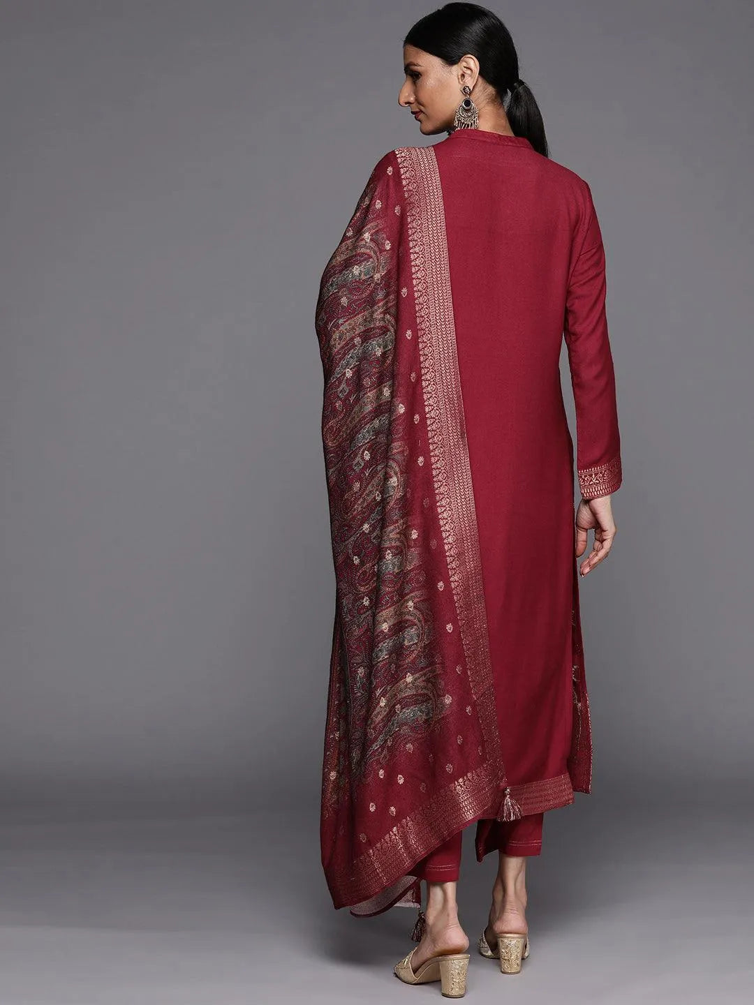 Maroon Self Design Pashmina Wool Straight Suit Set - Libas