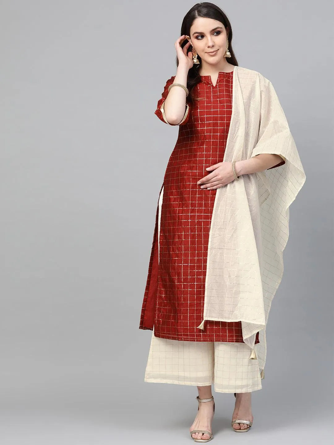 Maroon Self Design Polyester Suit Set - Libas