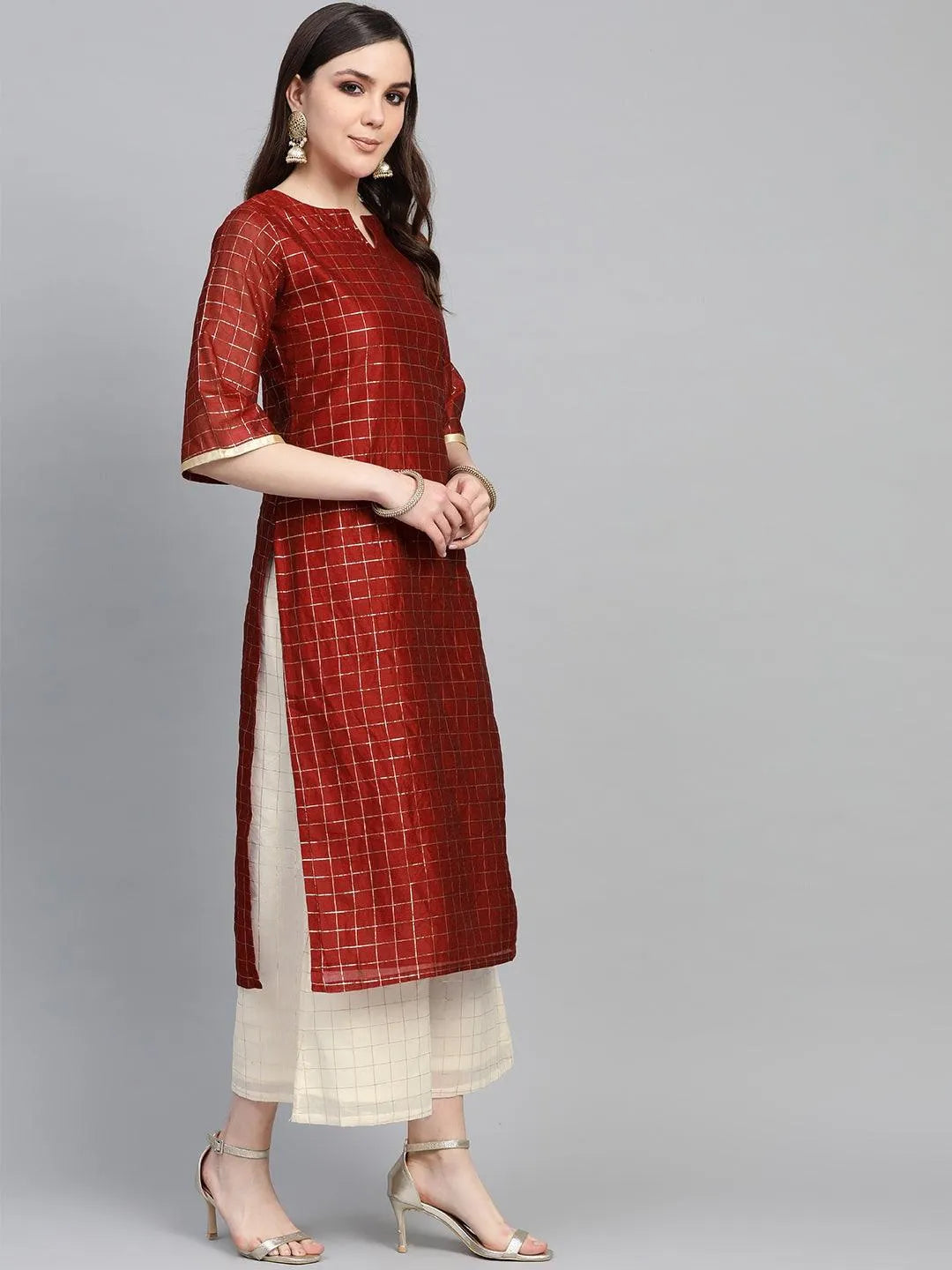 Maroon Self Design Polyester Suit Set - Libas