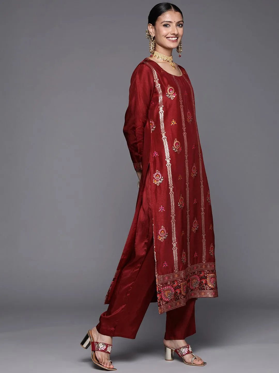 Maroon Self Design Silk Blend Straight Suit Set - Libas 