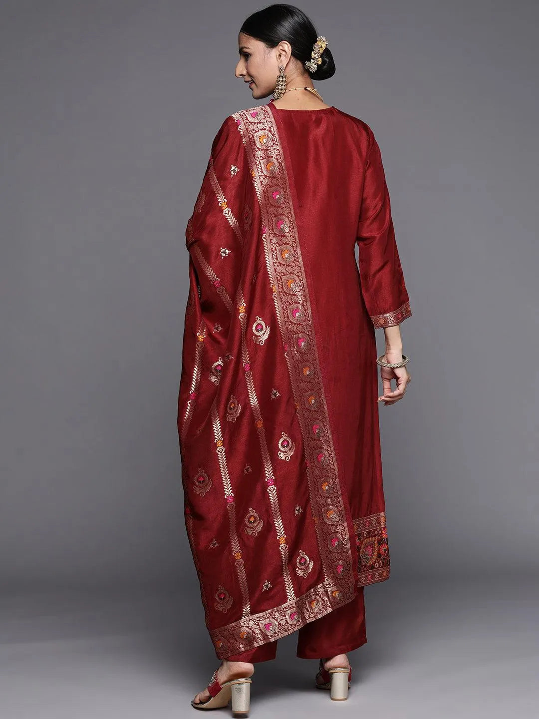 Maroon Self Design Silk Blend Straight Suit Set - Libas 