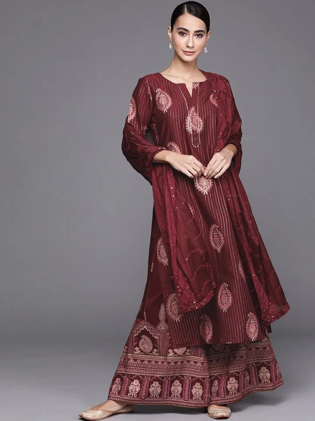 Maroon Self Design Silk Blend Suit Set - Libas