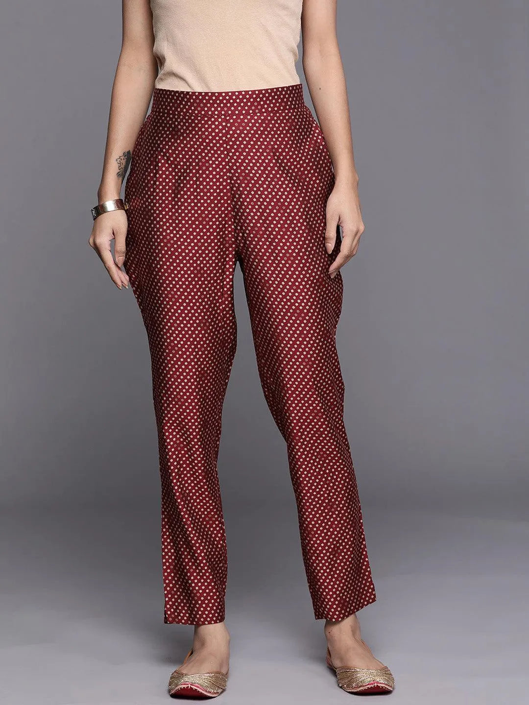 Maroon Self Design Silk Trousers - Libas