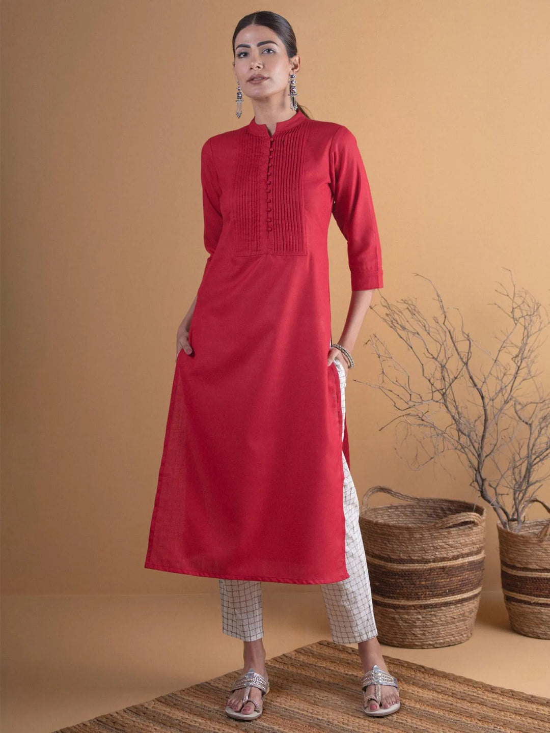 Maroon Solid Cotton Kurta - Libas 