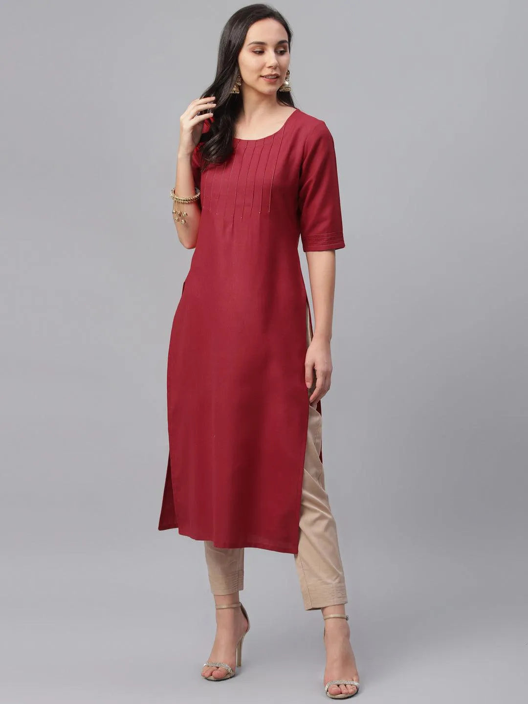 Maroon Solid Cotton Kurta - Libas