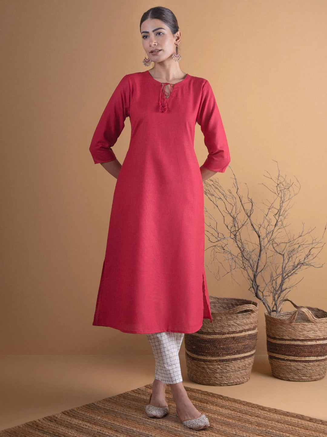 Maroon Solid Cotton Kurta - Libas