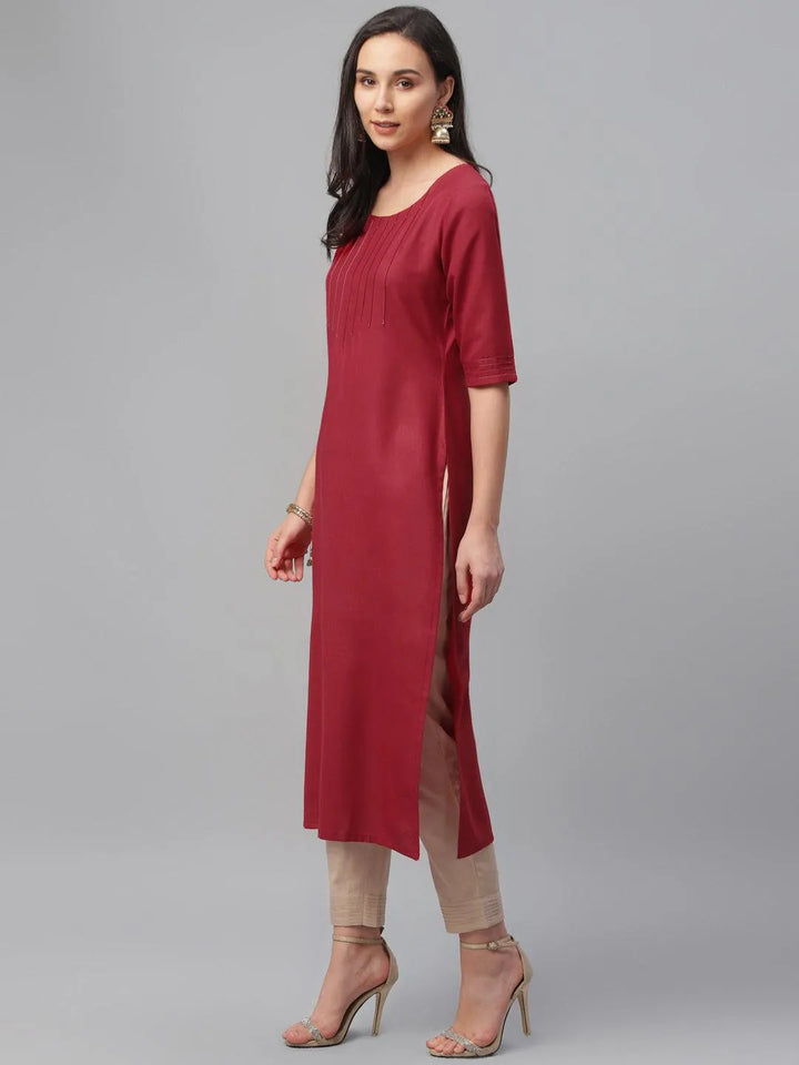 Maroon Solid Cotton Kurta - Libas