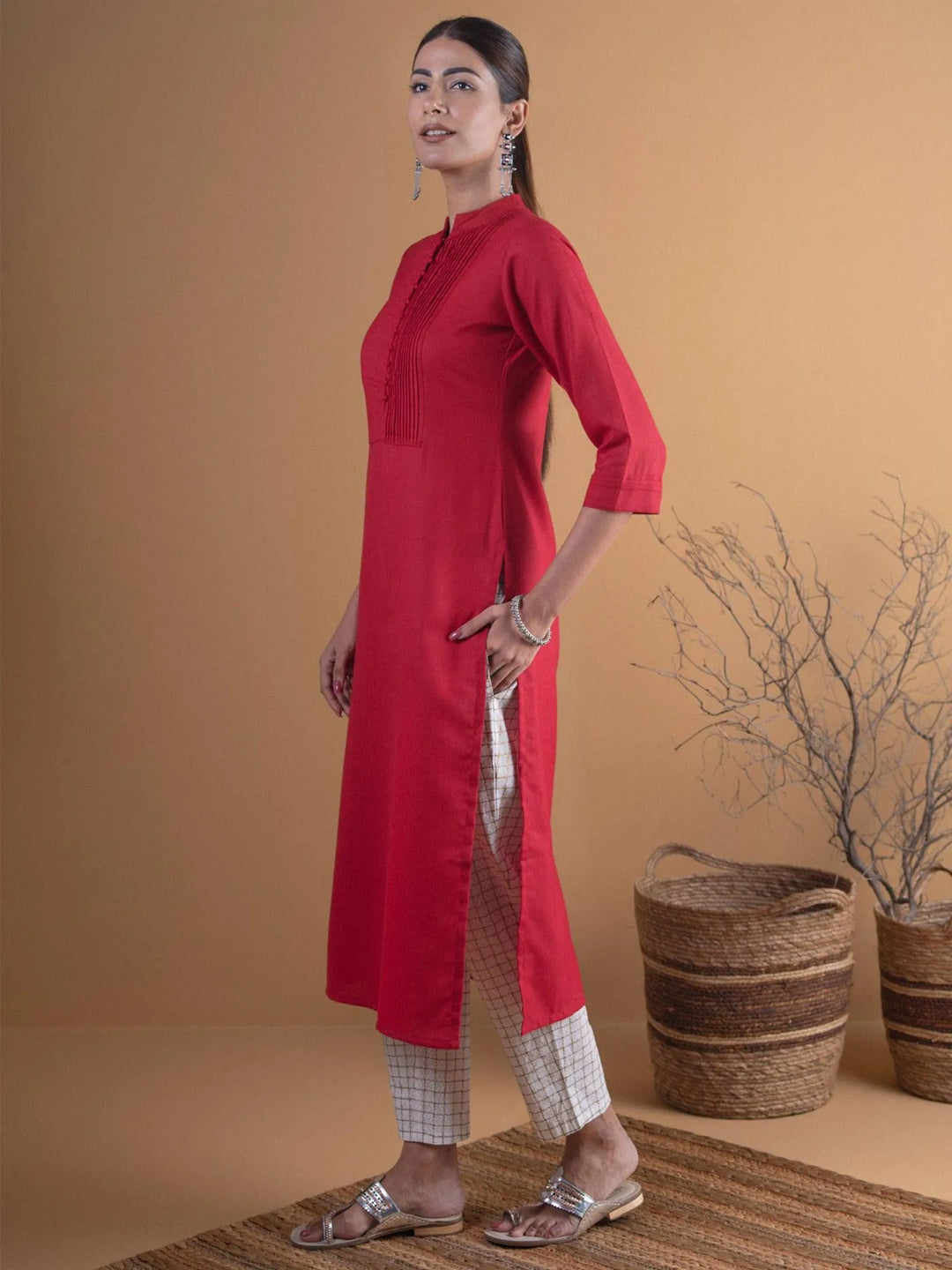 Maroon Solid Cotton Kurta - Libas 