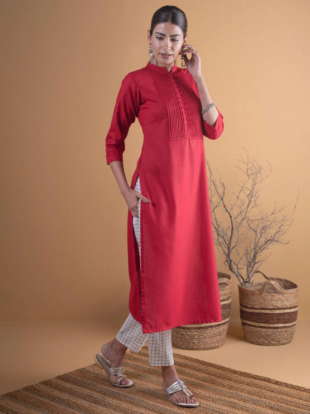 Maroon Solid Cotton Kurta - Libas 