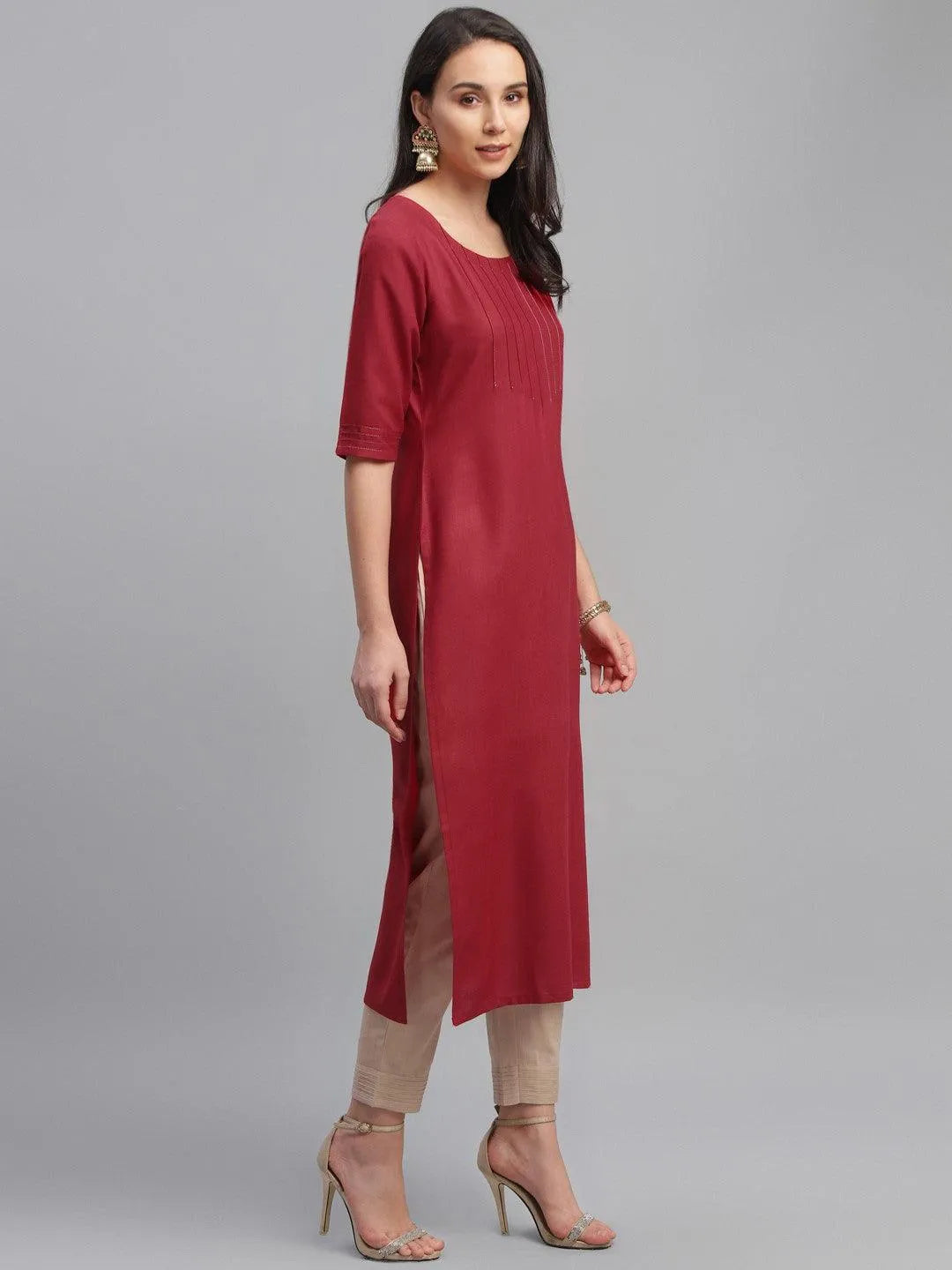 Maroon Solid Cotton Kurta - Libas