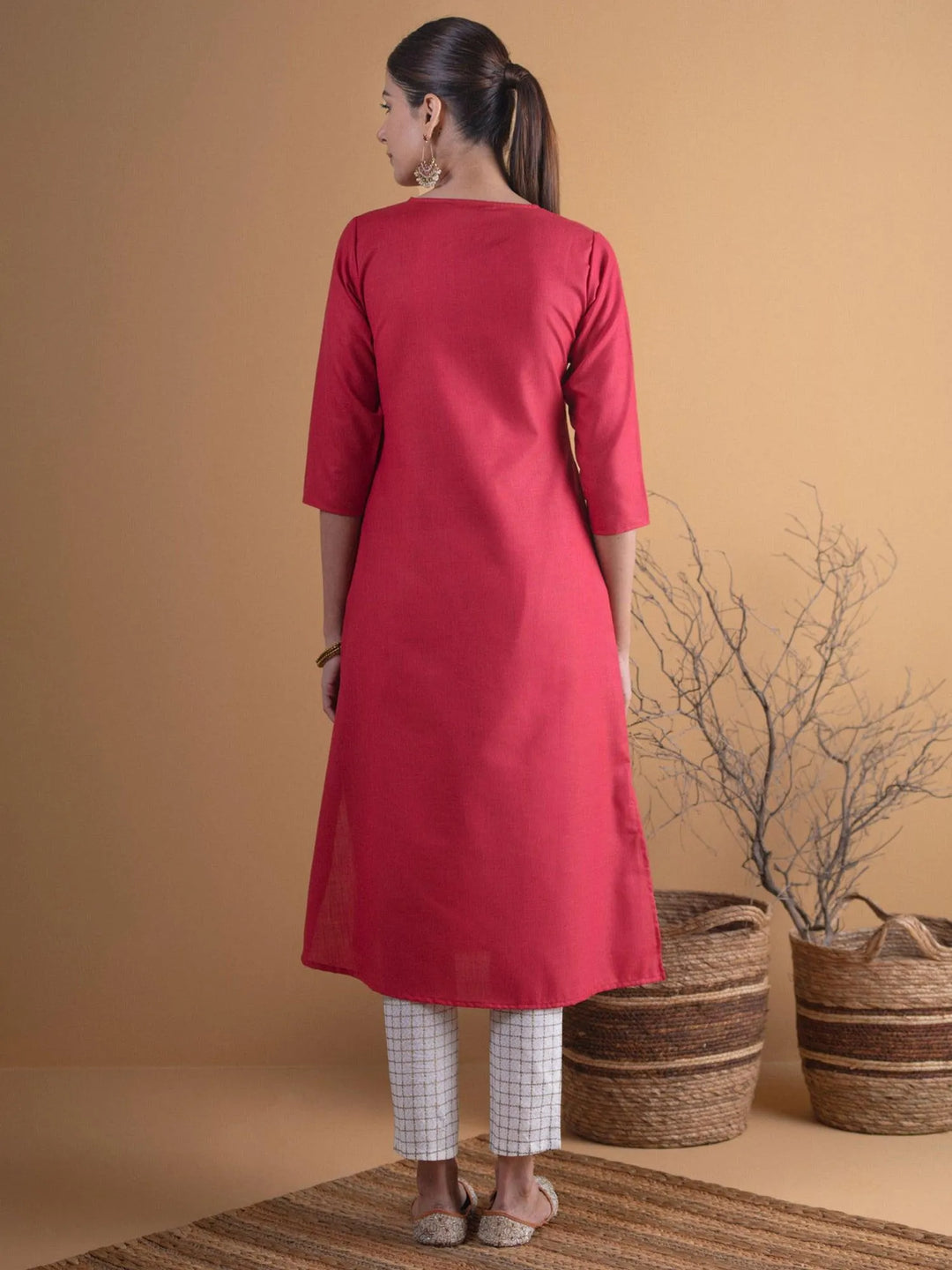 Maroon Solid Cotton Kurta - Libas 