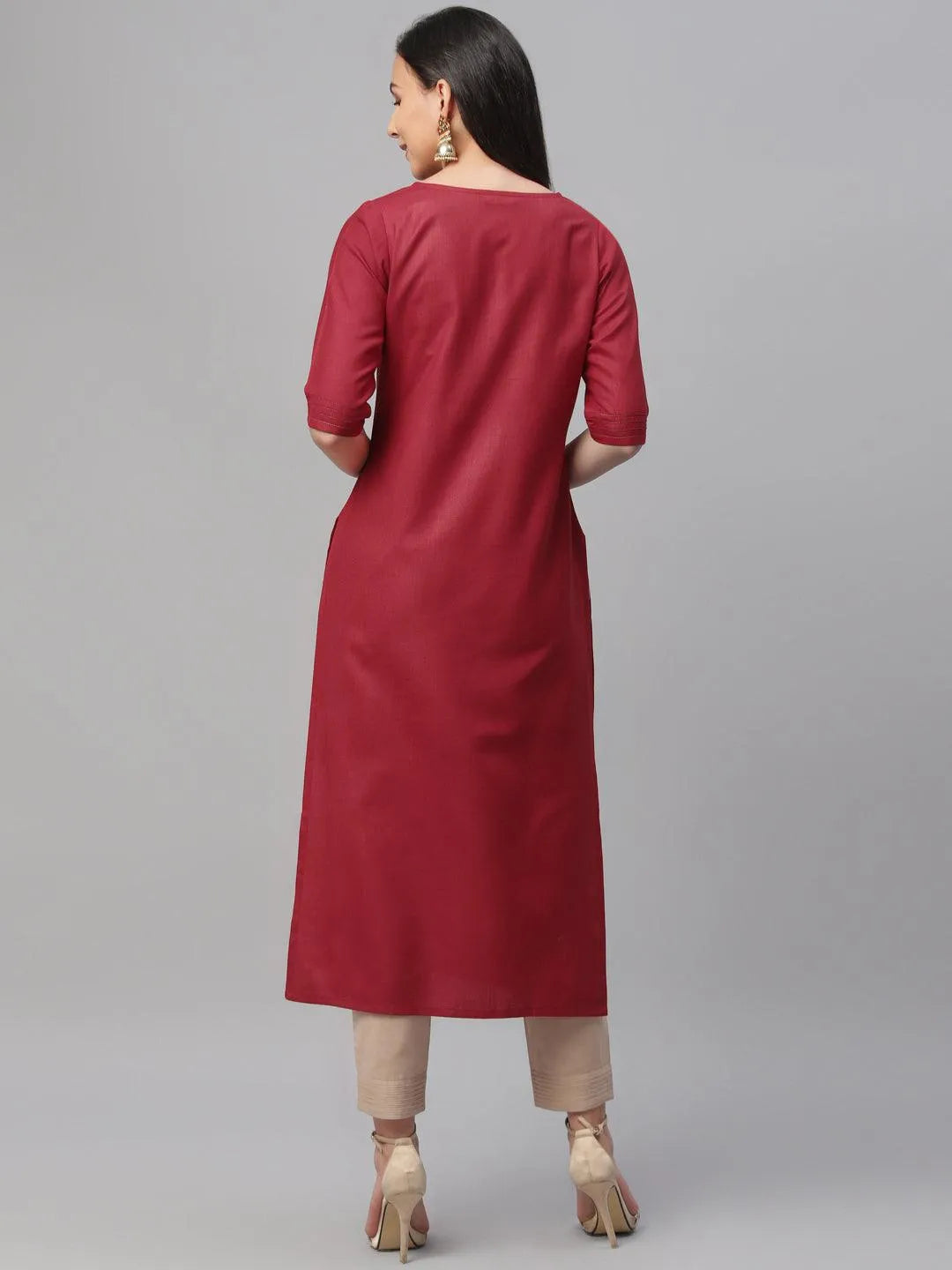 Maroon Solid Cotton Kurta - Libas