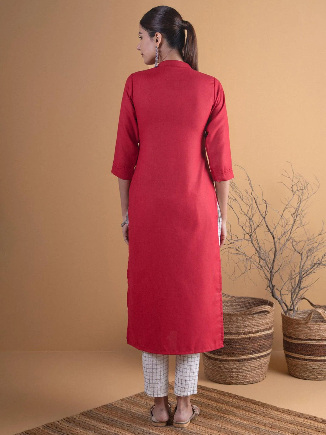 Maroon Solid Cotton Kurta - Libas 