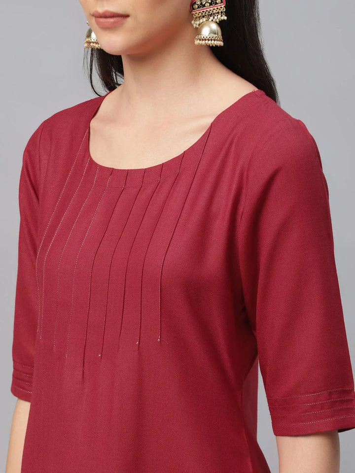 Maroon Solid Cotton Kurta - Libas