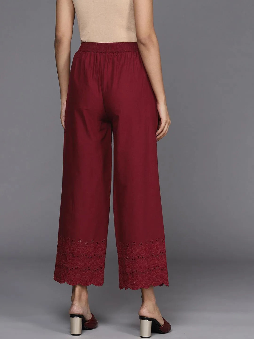 Maroon Solid Cotton Palazzos - Libas