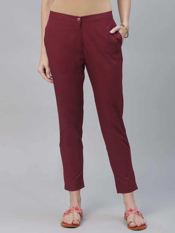 Maroon Solid Cotton Trousers - Libas